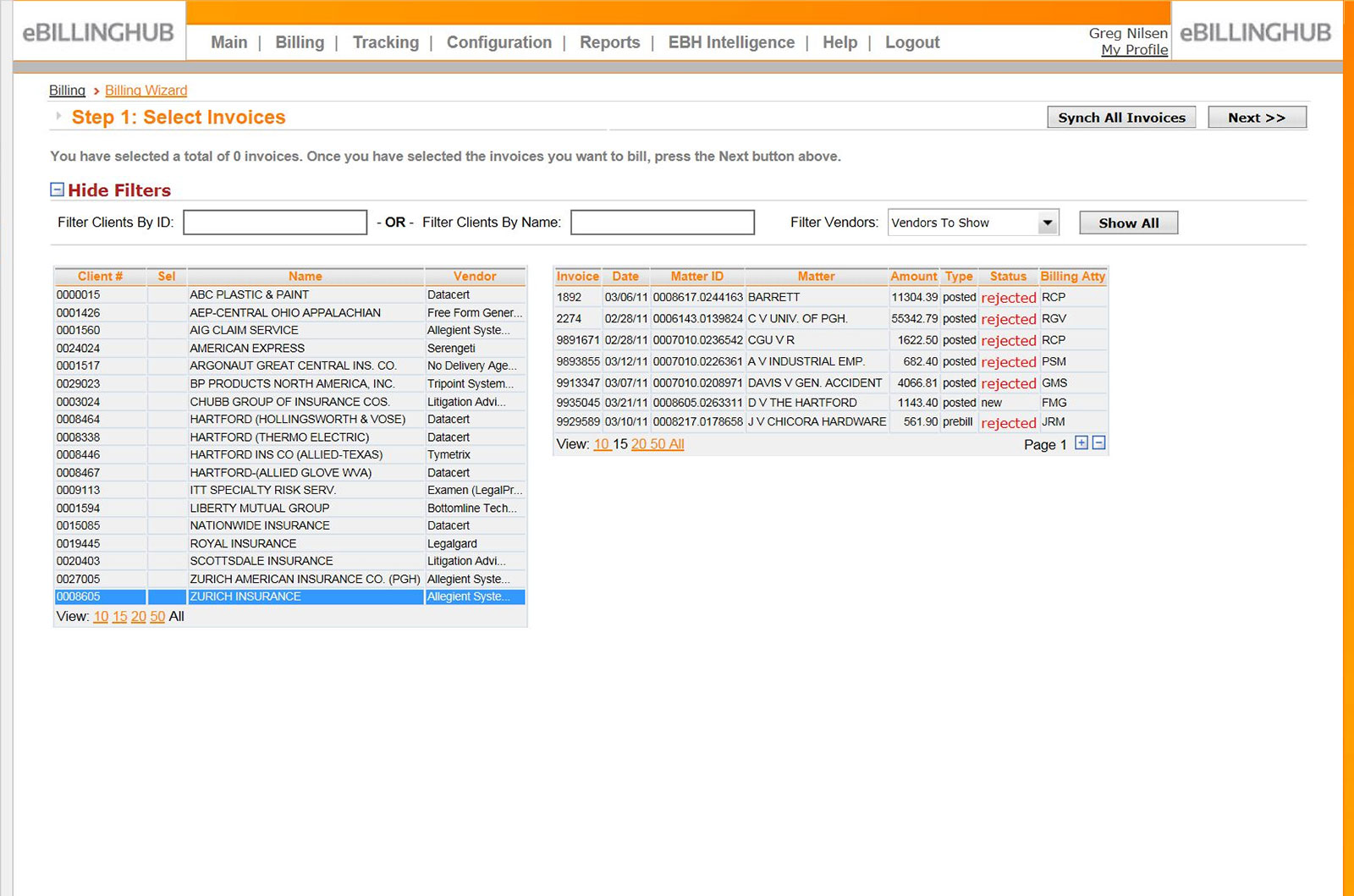 ebilling hub old invoice select screen